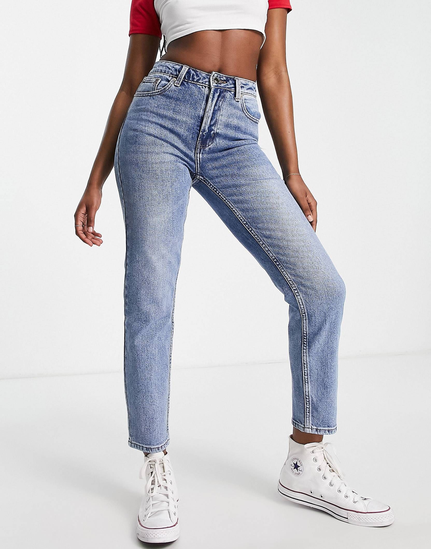Only Emily high waisted straight leg jeans in mid blue | ASOS (Global)