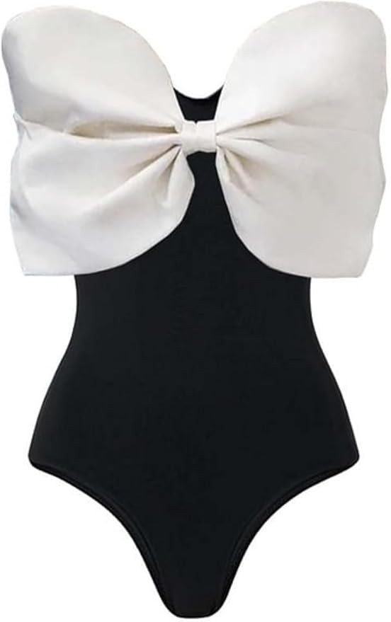 FLAXMAKER Women's One Piece Adjustable Shoulder Straps Swimsuit Bow-tie Decor Bathing Suit | Amazon (US)