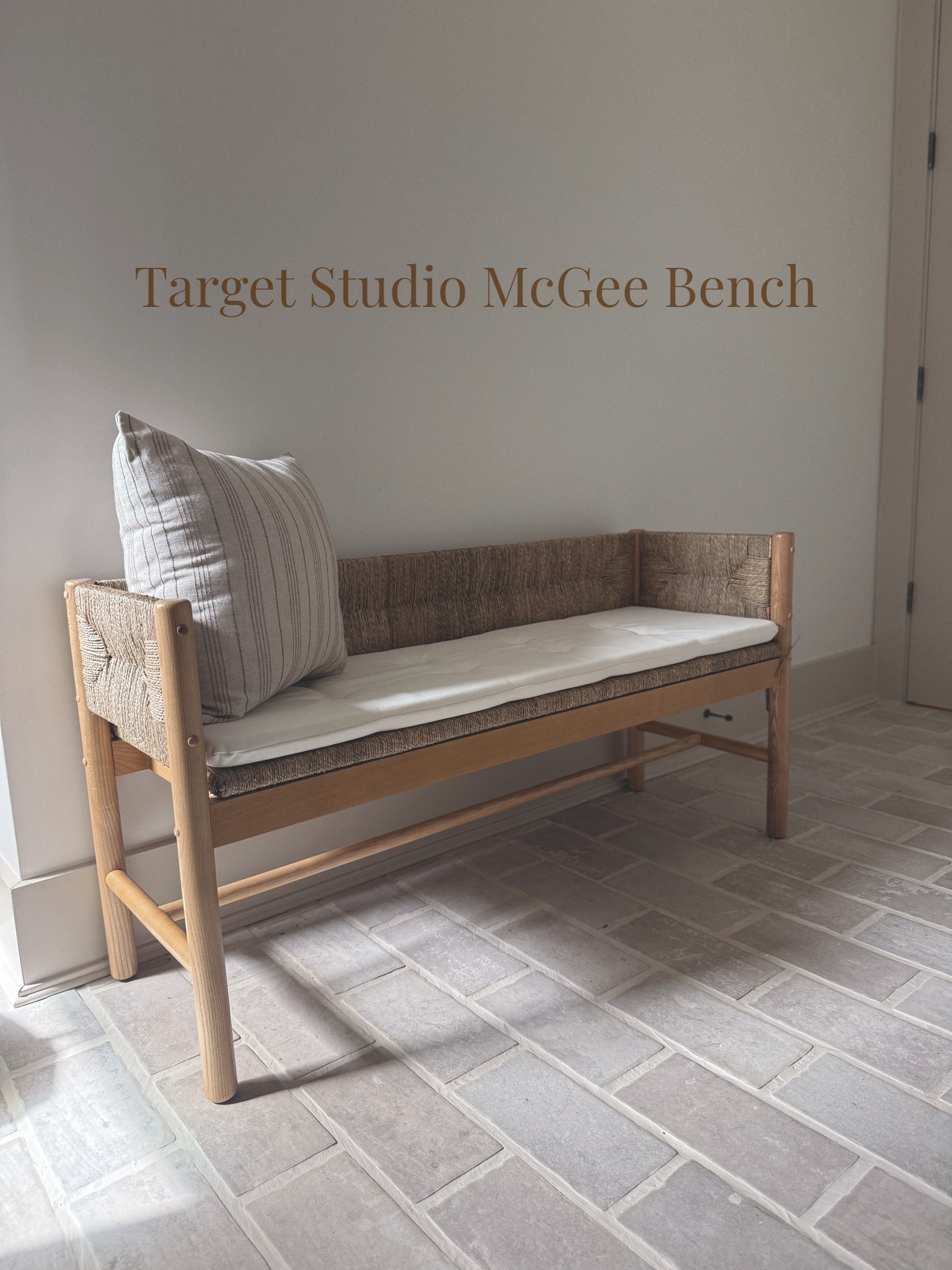 Threshold studio McGee bench at target | wicker | mudroom bench | entryway bench | interior design | home design | laundry room | stone like tile | Msi Capella ivory tile | Home Depot | Amazon | accessible beige | alabaster | target pillows | pillow | modern organic home | neutral home | 

#LTKmomlife #LTKdayinmylife #LTKHome