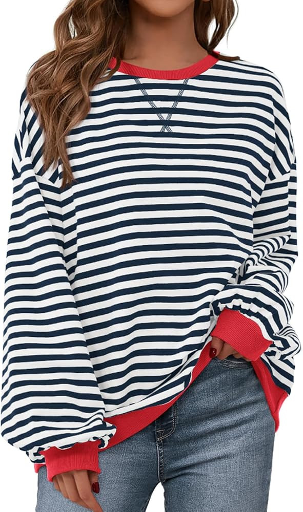 Womens Striped Oversized Sweatshirt Color Block Crew Neck Long Sleeve Casual Loose | Amazon (US)