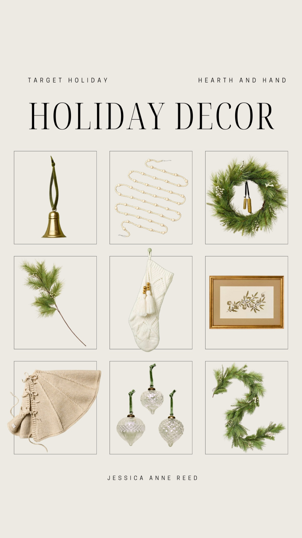 Target holiday decor includes wreath, beaded garland, bell ornament, greenery stem, stocking, Christmas wall art, garland, glass ornaments, and tree skirt.

Holiday decor, Christmas decor, looks for less, Target finds, neutral Christmas 

#LTKStyleTip #LTKHoliday #LTKSeasonal
