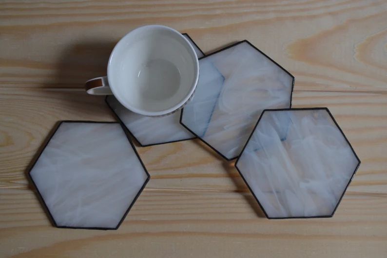 Drink Coasters Set of 4. White Hexagon Coasters. Modern Coasters with Simple Design. Unique Glass... | Etsy (US)