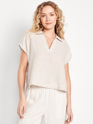 Linen-Blend Cropped Popover Shirt | Old Navy (US)