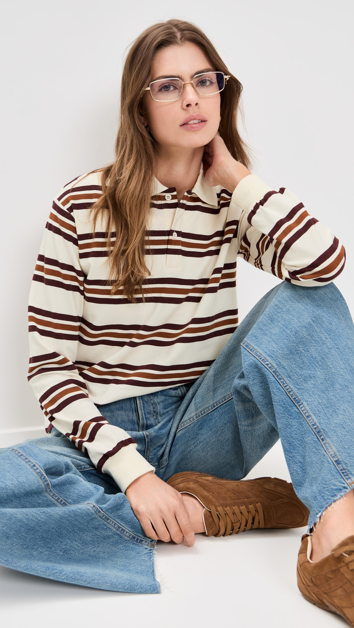 Lioness Leisure Long Sleeve Polo Coffee Stripe XS | Shopbop