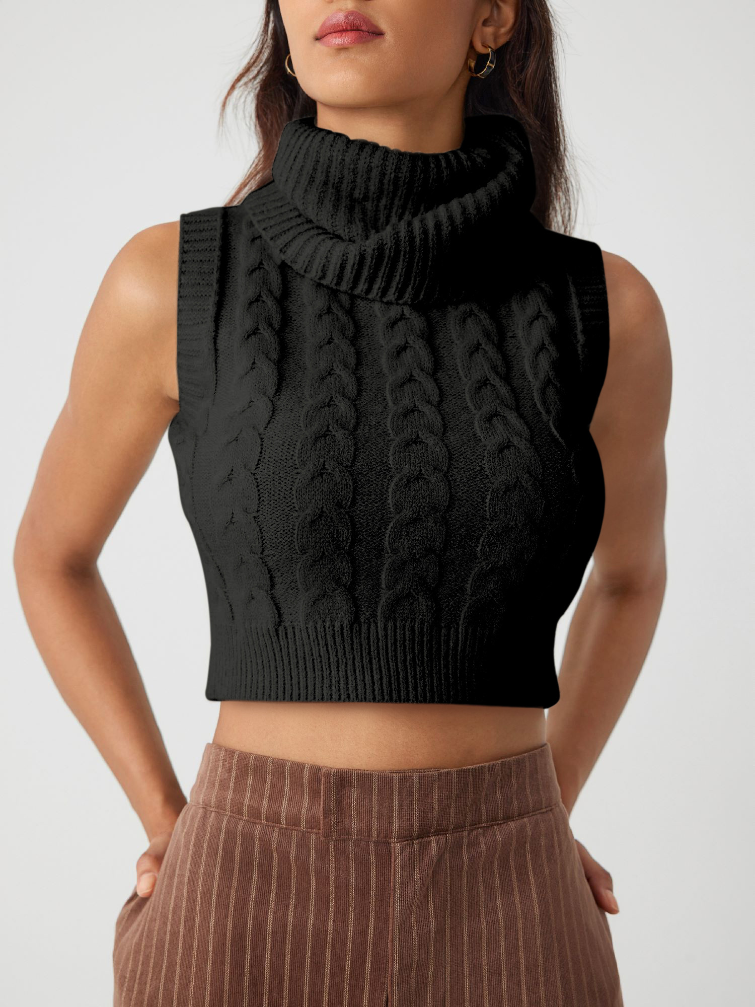 Sweater Vest Preppy Countryside Core Knit Fabric High Neck Solid Cable Knit Crop Vest For Daily C... | Cider