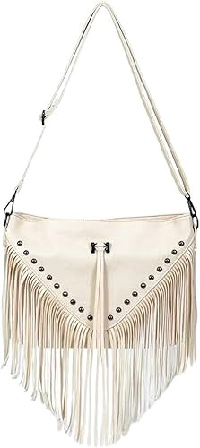 Casual Rivets Fringed Shoulder Handbag for Women,Soft Vegan Leather Hippie Crossbody Purse Bag Ho... | Amazon (US)