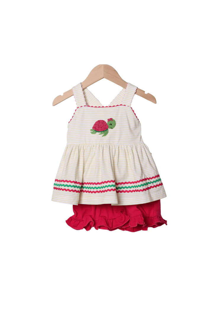French Knot Turtle Yellow/Pink Stripe Short Set | The Smocked Flamingo