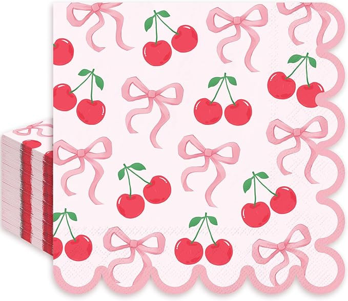 50Pcs Pink Bow Cherry Napkins Cherries Bows Disposable Napkins Coquette Cute Scalloped Edge Paper... | Amazon (US)