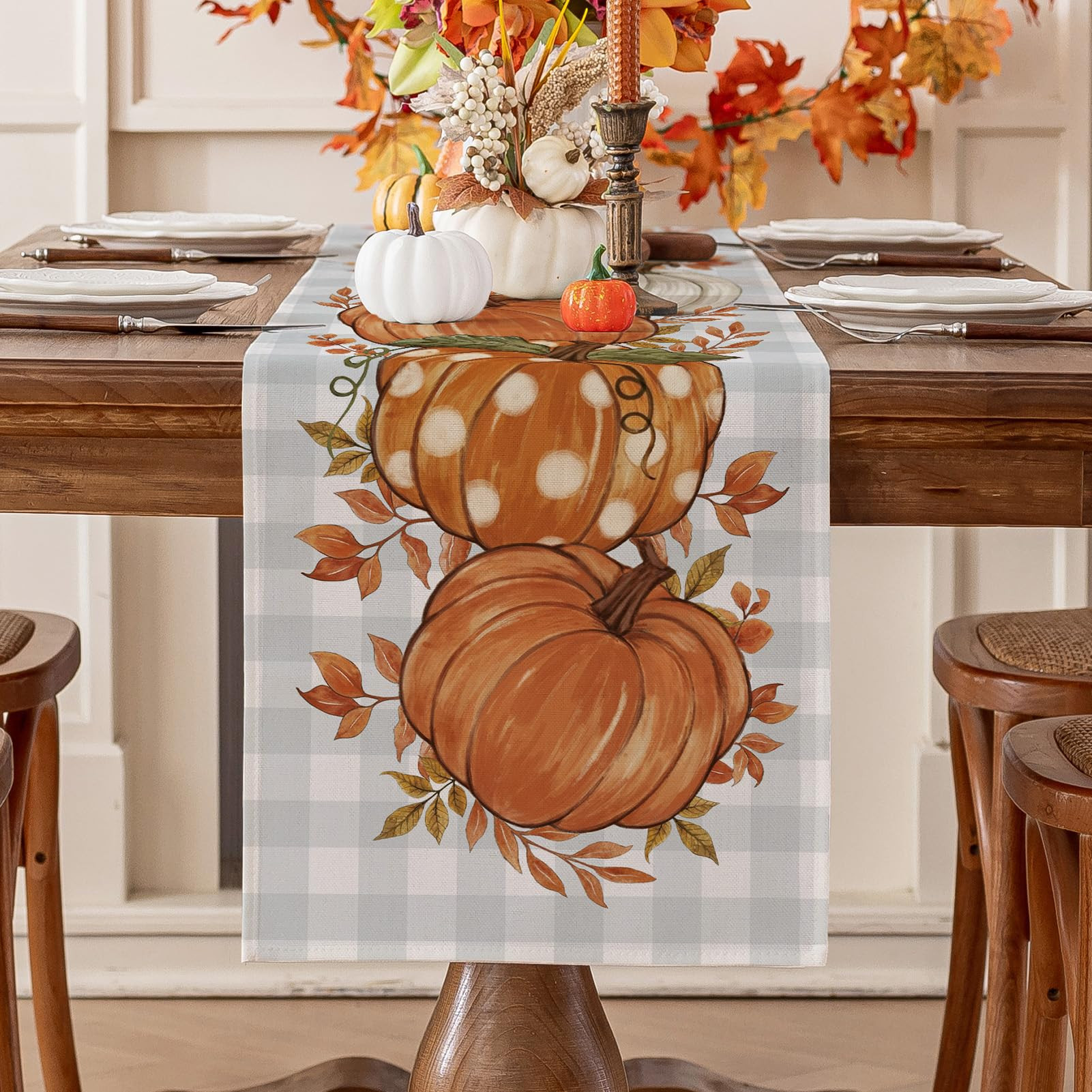 Romanstile Pumpkin Leaves Fall Table Runner, Buffalo Plaid Autumn Thanksgiving Harvest Farmhouse ... | Amazon (US)