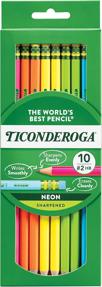 Ticonderoga Wood-Cased Pencils, Pre-Sharpened, 2 HB Soft, Neon Colors, 10 Count | Amazon (US)