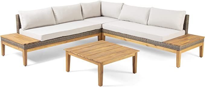 Nina S'More Outdoor Acacia Wood and Wicker 5 Seater Sectional Sofa Set with Water-Resistant Cushi... | Amazon (US)