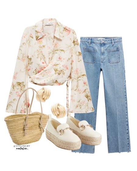 Spring outfit, Summer outfit, SS24, high street style.
Floral linen blouse, crop blouse, wrap blouse, crop top with wide sleeves, pocket front flare jeans, platform espadrilles, straw bucket bag, tote bag, gold earrings.


#LTKSeasonal #LTKstyletip #LTKeurope