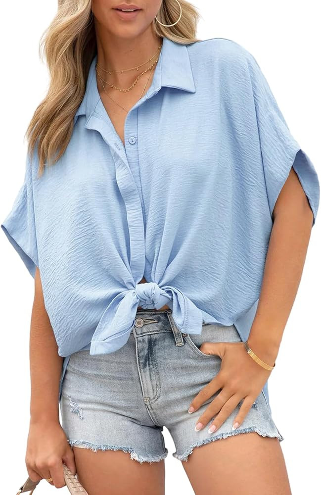 Dokotoo Womens Tops Summer V Neck Button Down Shirts Solid Short Sleeve Blouses Tops | Amazon (US)