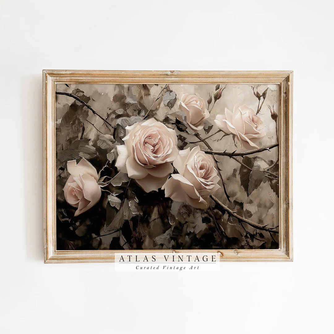 Vintage Valentine Flower Print, Antique Pink Rose Oil Painting, Floral Valentine Wall Art, Moody ... | Etsy (US)