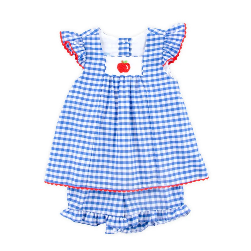 French Knot Single Apple Blue Gingham Short Set | Classic Whimsy