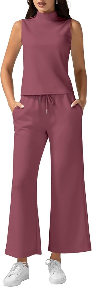 Women's Summer 2 Piece Outfits Mock Neck Tank Top Cropped Wide Leg Pants Lounge Sets 2024 Fashion... | Amazon (US)