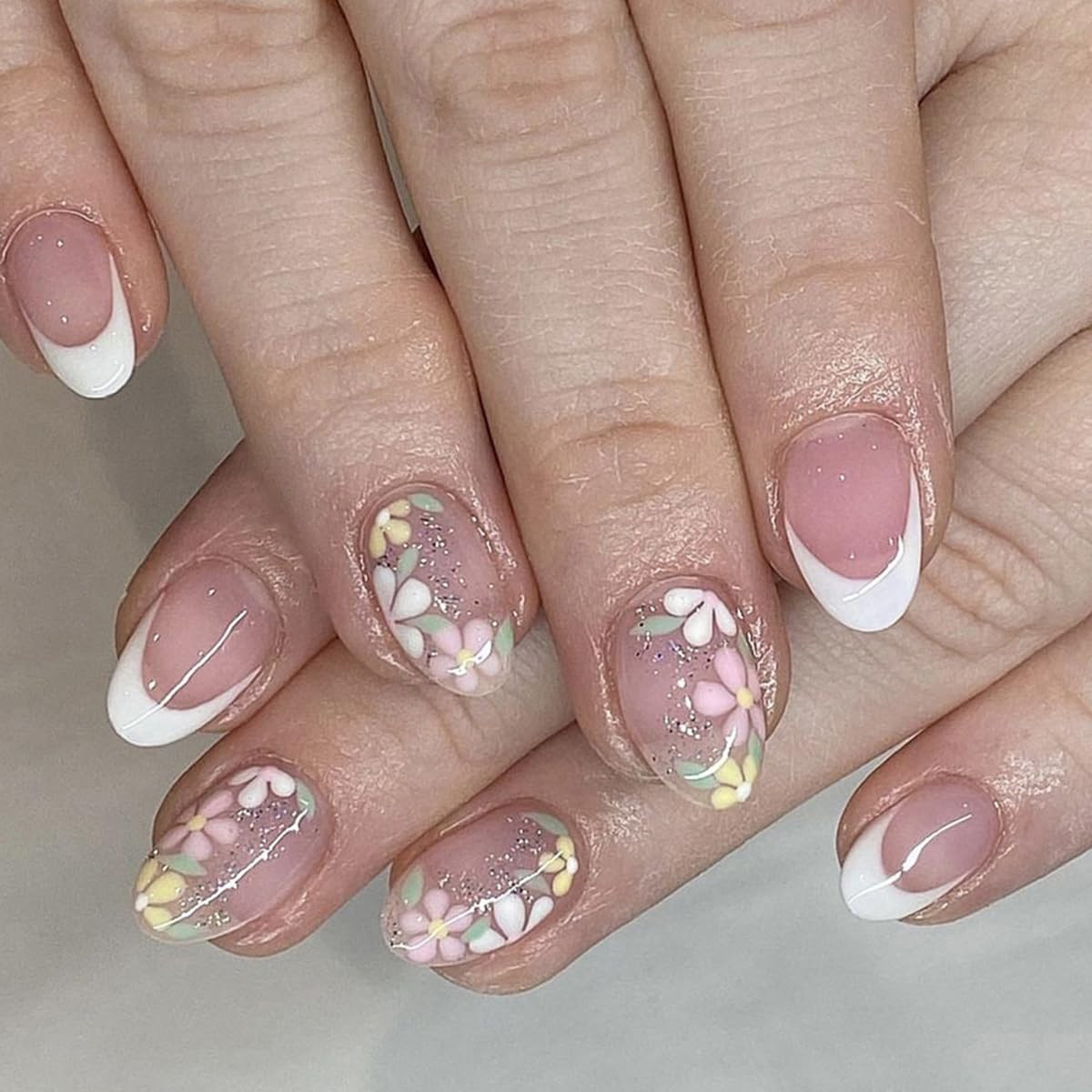 Spring Oval Press On Nails Short - 24 Pcs Pink Extra Short Oval Almond Fake Nails Press ons,White... | Amazon (US)