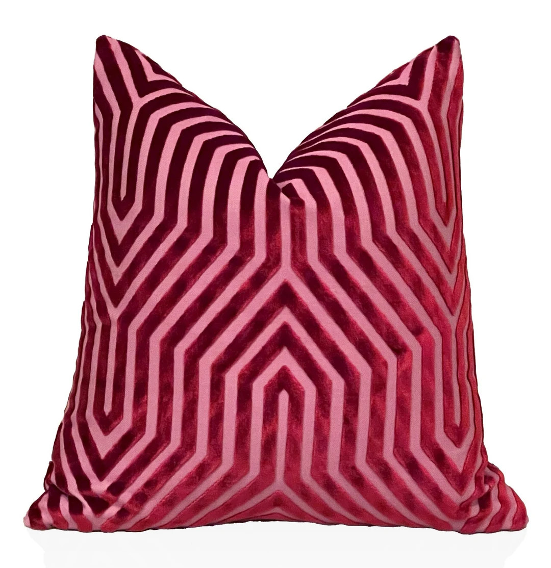 Schumacher Vanderbilt Velvet Pillow Cover in Fuchsia, Red Pink Velvet Pillow, Chevron Velvet Pill... | Etsy (US)