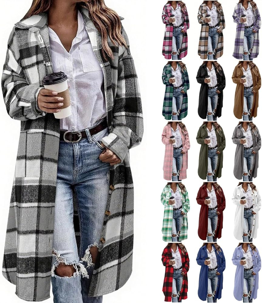 Flannel Shirt Women Plaid Jacket Womens Shacket Casual Lapel Button Down Long Sleeve Trench Coat ... | Amazon (US)