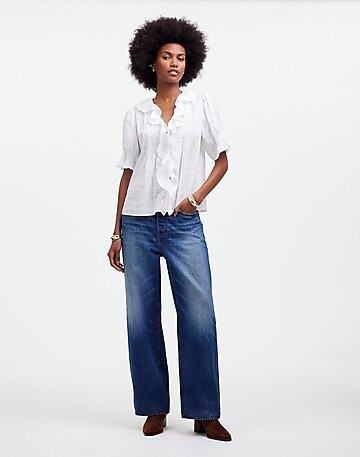 Ruffle Puff-Sleeve Peplum Top in Windowpane | Madewell | Madewell