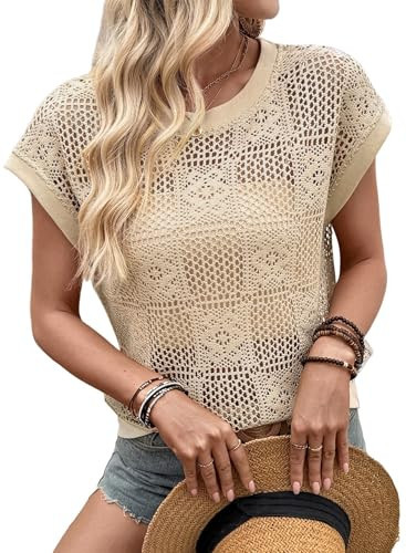 Dokotoo Women's Summer Crochet Tops Casual Loose Cap Sleeve Sweater Vest Solid Cute Boho Top Lightweight Hollow Out Tank Tops Cruise Shirts 2026 Beach Cover Ups Clothes Apricot Large | Amazon (US)