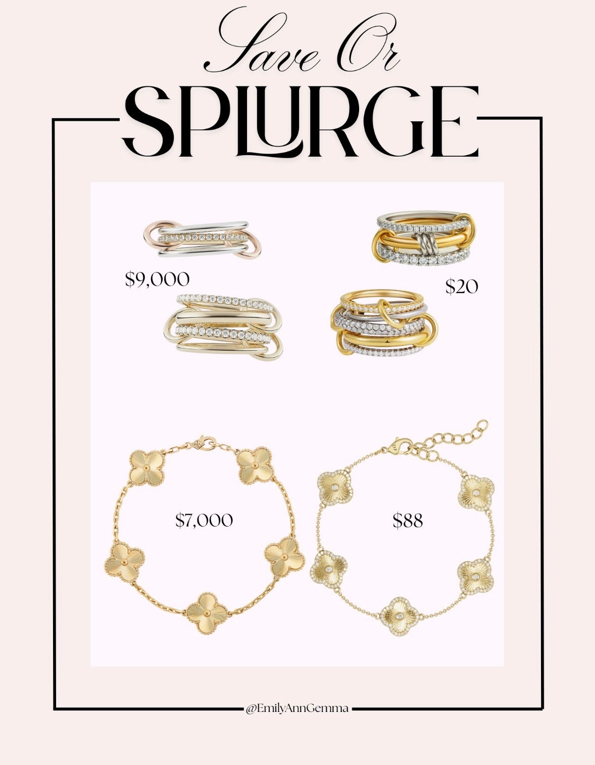 Save or Splurge! 

Stackable Rings, Amazon Finds, Designer Inspired, Gold Jewelry, Affordable Jewelry, Van Cleef Inspired, Clover Bracelet, Emily Ann Gemma

#LTKStyleTip #LTKFindsUnder100 #LTKFindsUnder50
