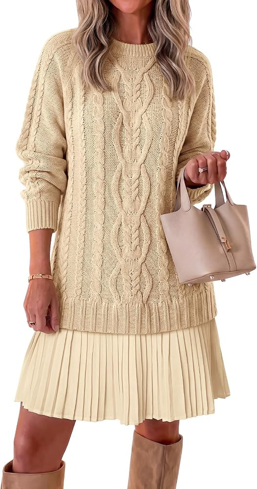 Saodimallsu Womens Cable Knit Sweater Dress Patchwork Pleated Long Sleeve Crewneck Fall Chunky Pr... | Amazon (US)
