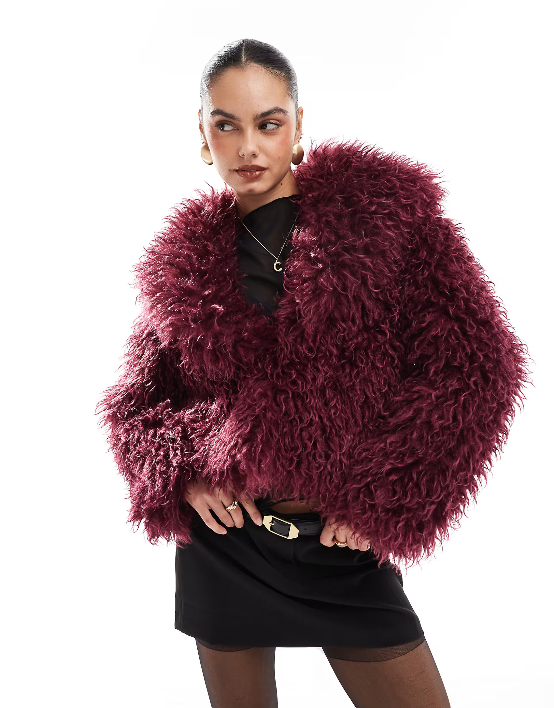 The Frolic x Bella Stovey exclusive oversized collar mongolian faux fur jacket in burgundy | ASOS (Global)