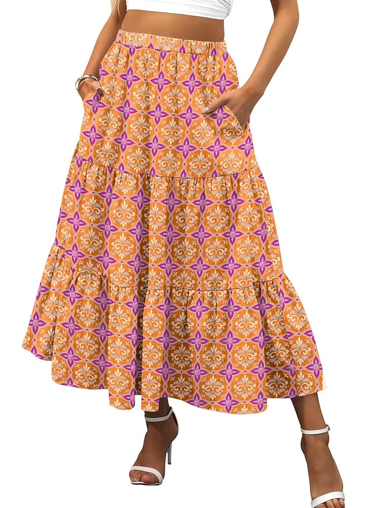 ANRABESS Women’s Summer Boho Flowy Swing Tiered A-Line Maxi Skirt 2025 Fashion Trendy Elastic W... | Amazon (US)
