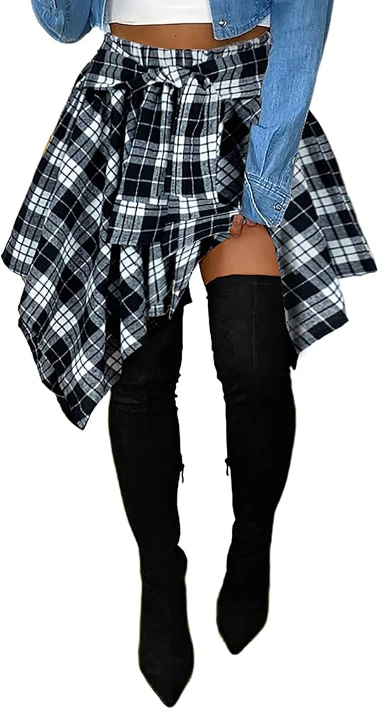 Women's Plaid Skirts High Waisted Knot Front Asymmetrical Hem Mini Skater Skirt | Amazon (US)