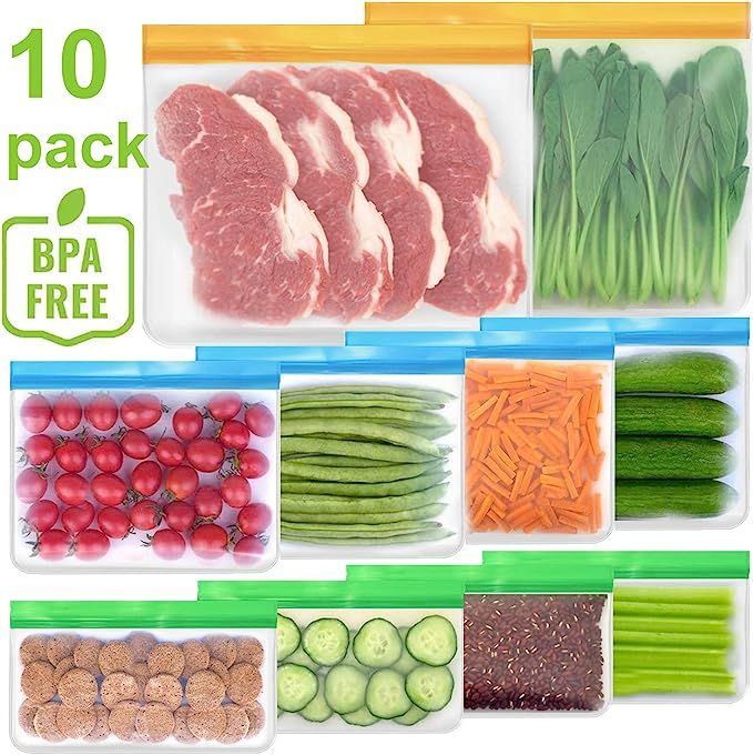 Reusable Storage Bags Silicone Freezer Bags 10 Pack Reusable Sandwich Bags Leakproof Zip lock Bag... | Amazon (US)