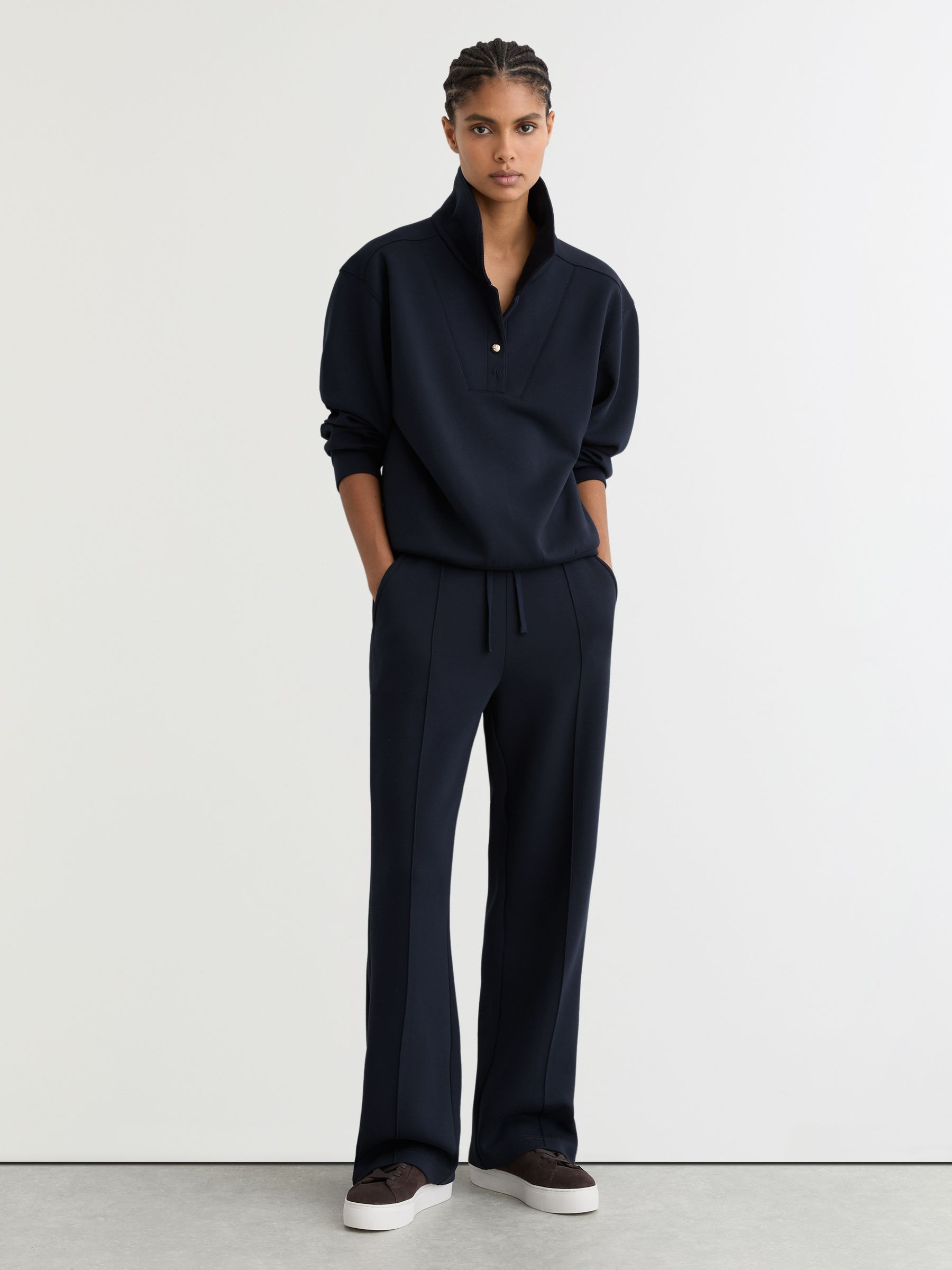 Reiss Petite Premium Interlock Wide-Leg Joggers in Navy - REISS | Reiss UK