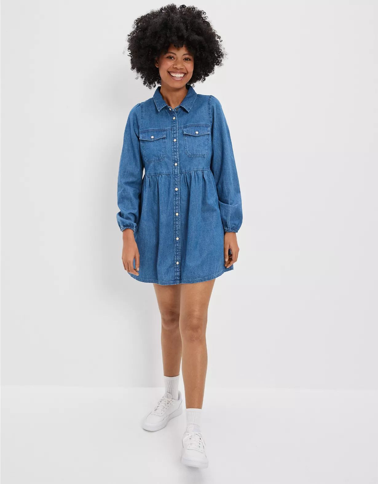 AE Button-Front Chambray Babydoll Mini Dress | American Eagle Outfitters (US & CA)
