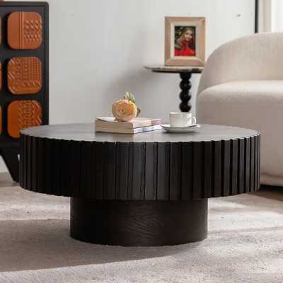 Round Coffee Table with Handcrafted Olive-Shaped Relief and Sturdy Pedestal Base | Target