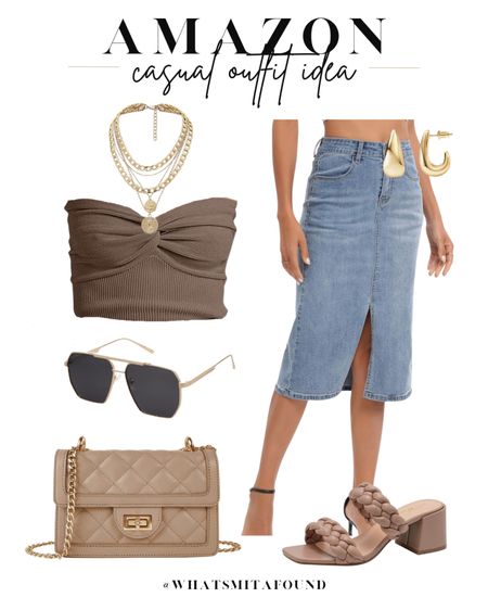 Amazon outfit idea, casual outfit idea, summer outfit idea, knit top, strapless top, tube top, knit tube top, knit crop top, denim midi skirt, jean midi skirt, trendy denim midi skirt, denim skirt, jean skirt, woven sandals, heeled sandals, taupe sandals, taupe purse, quilted purse, crossbody purse, layered necklaces, coin necklaces, gold sunglasses, gold hoops, huggie hoops 

#LTKshoecrush #LTKitbag #LTKfindsunder50