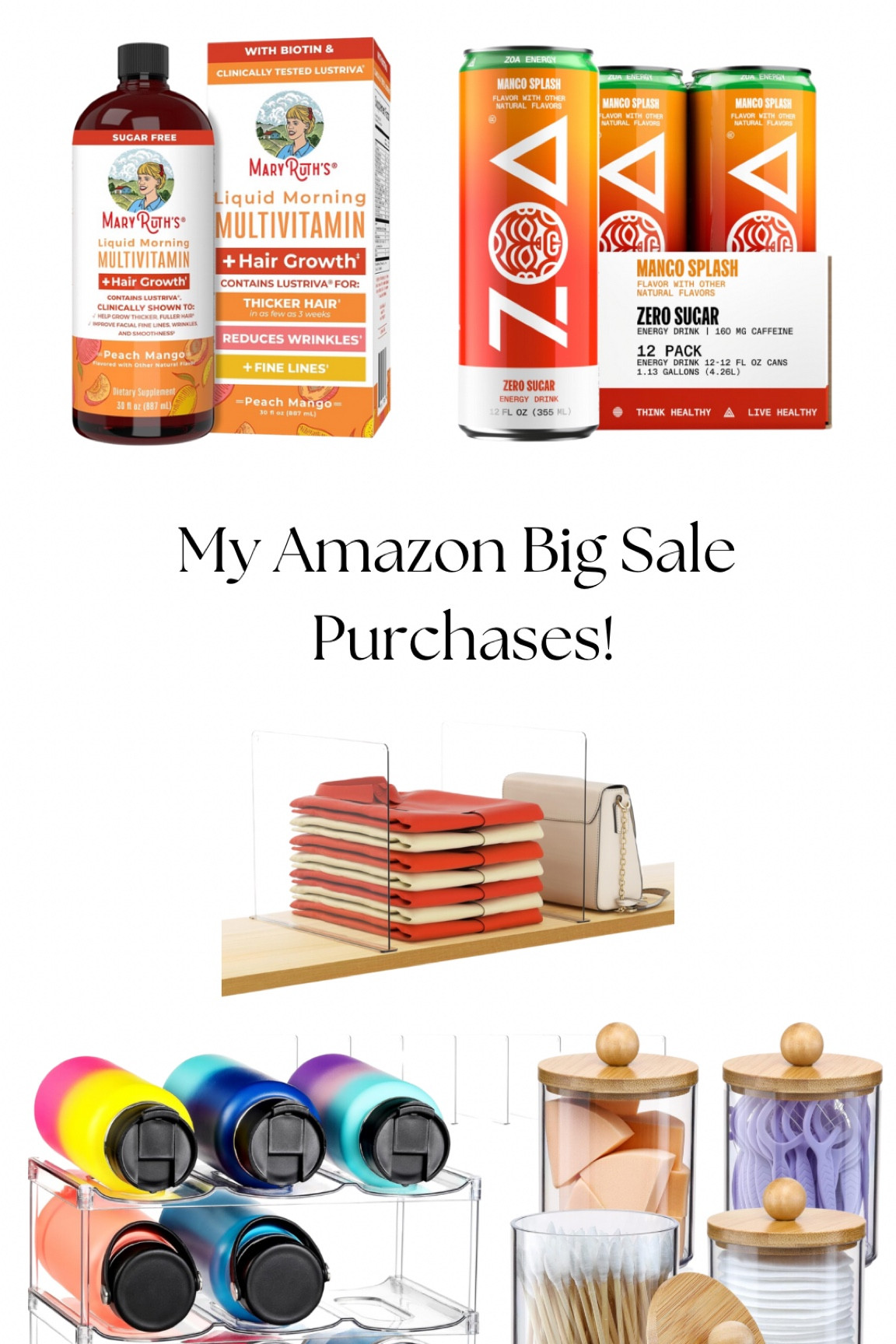 My purchases from the Amazon Big Sale! I’ve been taking this hair vitamin for over 2 months and can see a huge difference in my hair! These other items I’ve loved & are purchasing again or are putting in my closet for organization. 

#hairvitamins #closetorganization #homeorganization #energydrink #amazinfinds #homefinds

#LTKHome #LTKSaleAlert #LTKOver40