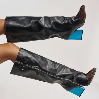 AKIRA Azalea Wang Axton Multi Color Blocked Block Boot | Black | Size 6.5 | AKIRA