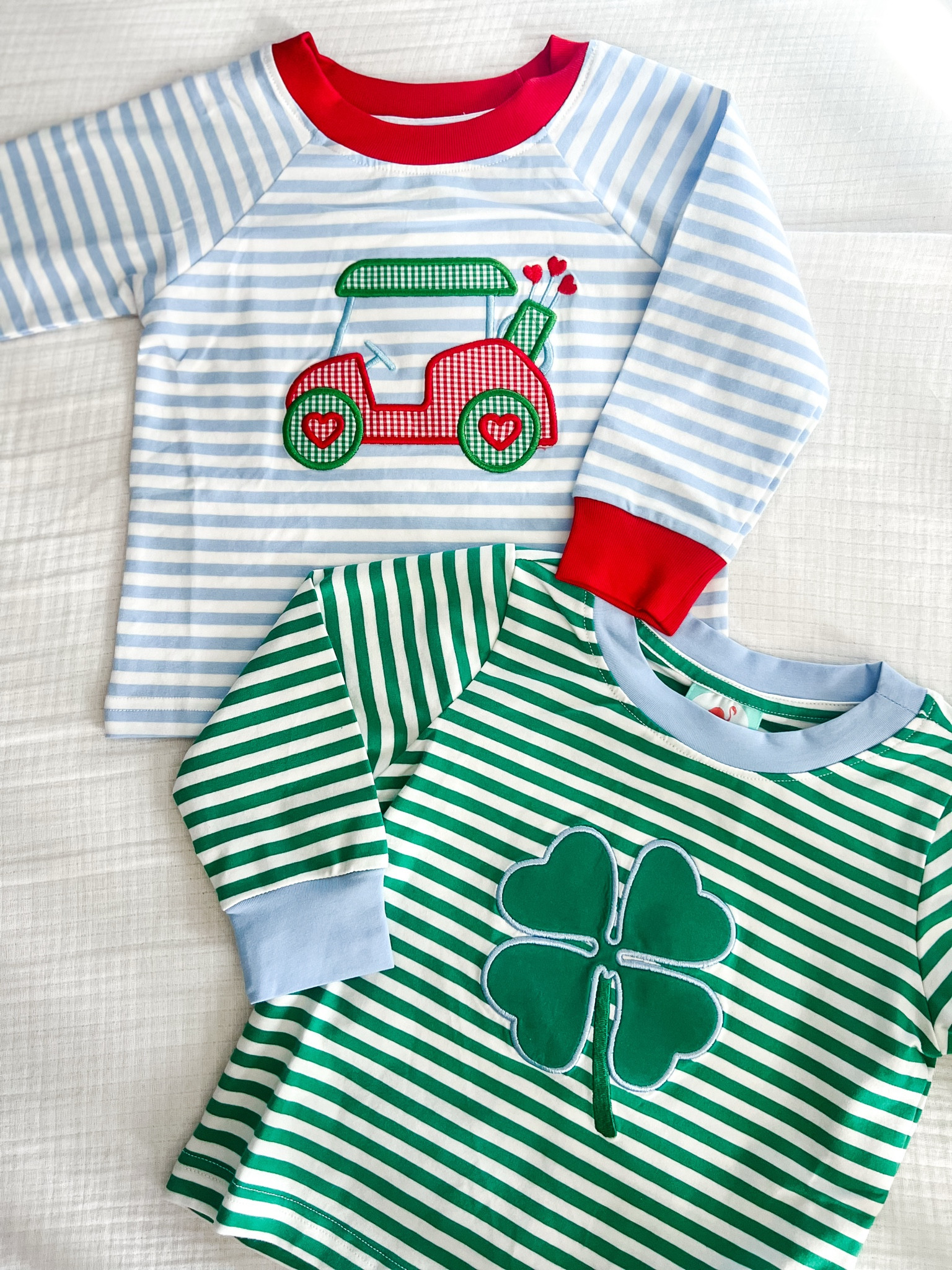 Lucky Clover Applique Green Stripe Shirt / Applique Golf Heart Blue Stripe Shirt / The Smocked Flamingo / Valentines Day / St Patrick’s Day/ 

#LTKKids #LTKBaby #LTKSeasonal