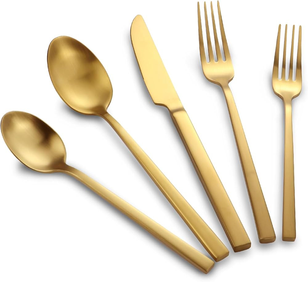 Stainless Steel Flatware Set Hand Forged 18/10 Silverware Set Cutlery Set Gold Cuboid Handle Matt... | Amazon (US)