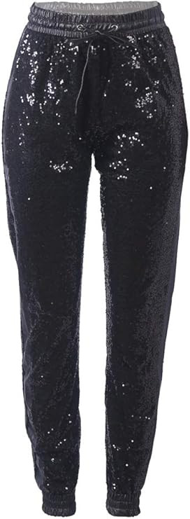 Amazon.com: ALLUMK Womens Spakle Sequin Punk Style Crop Jogger Pants with Drawstring XXL Black : ... | Amazon (US)