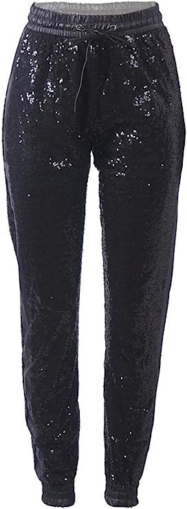 Amazon.com: ALLUMK Womens Spakle Sequin Punk Style Crop Jogger Pants with Drawstring XXL Black : ... | Amazon (US)