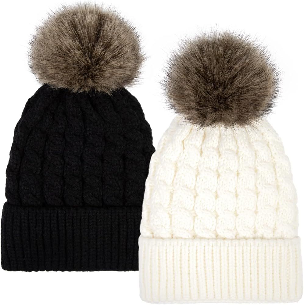 Simplicity Womens Winter Beanies Hand Knit Faux Fur Pompoms Beanie Hats | Amazon (US)