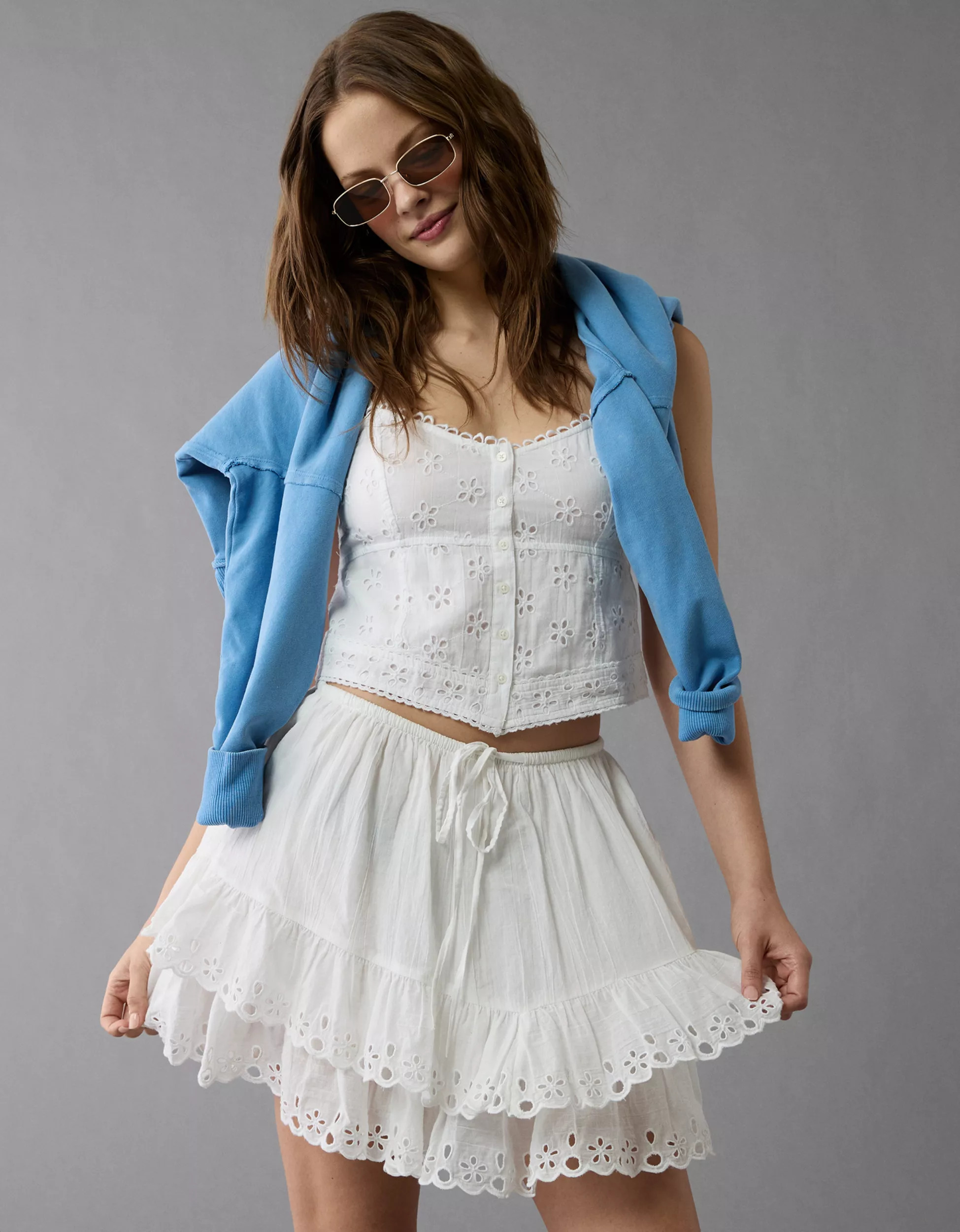 AE High-Waisted Embroidered Ruffle Mini Skirt | American Eagle Outfitters (US & CA)