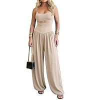 Jumpsuits for Women Sleeveless Cut-Out Waist U-Neck Backless Tie-Back Ruched High Waist Summer Ro... | Amazon (US)