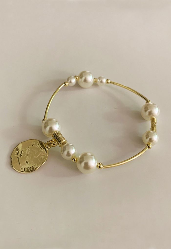 Head Embossed Pearl Gold Bracelet | Chicwish