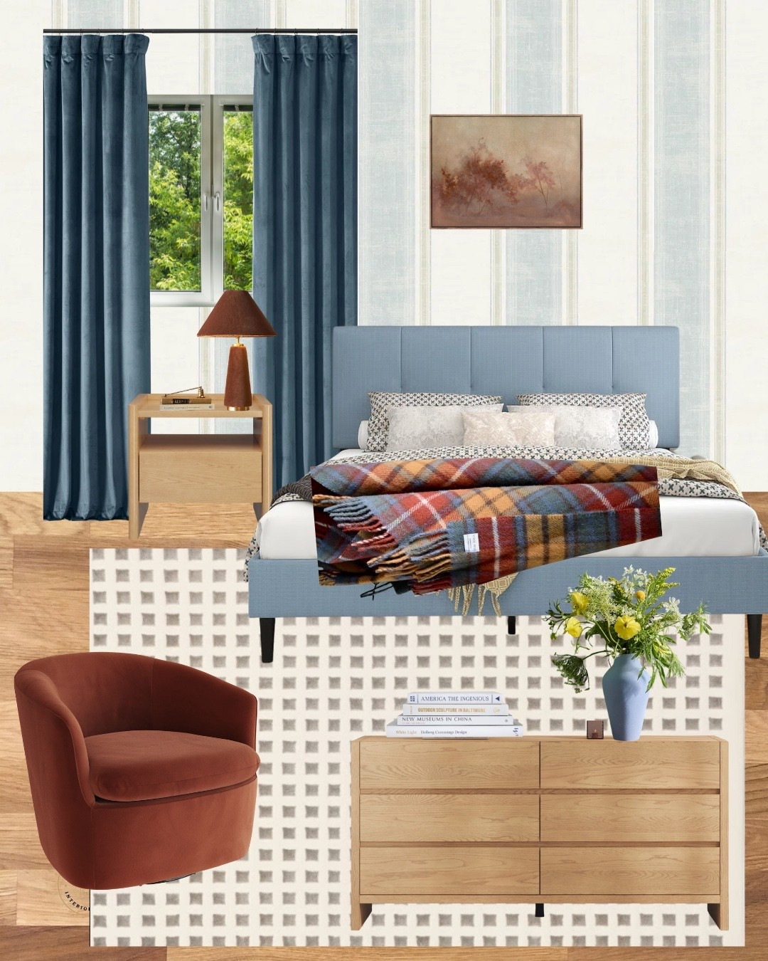 Beautiful Fall bedrooom mood board, affordable queen bed from Wayfair, dresser and nightstand from Article, gorgeous accent chair, velvet curtains, wall art, neutral washable rug, wool throw—a must for the crisp Fall days! #homedecor #falldecor 

#LTKSeasonal #LTKFamily #LTKHome