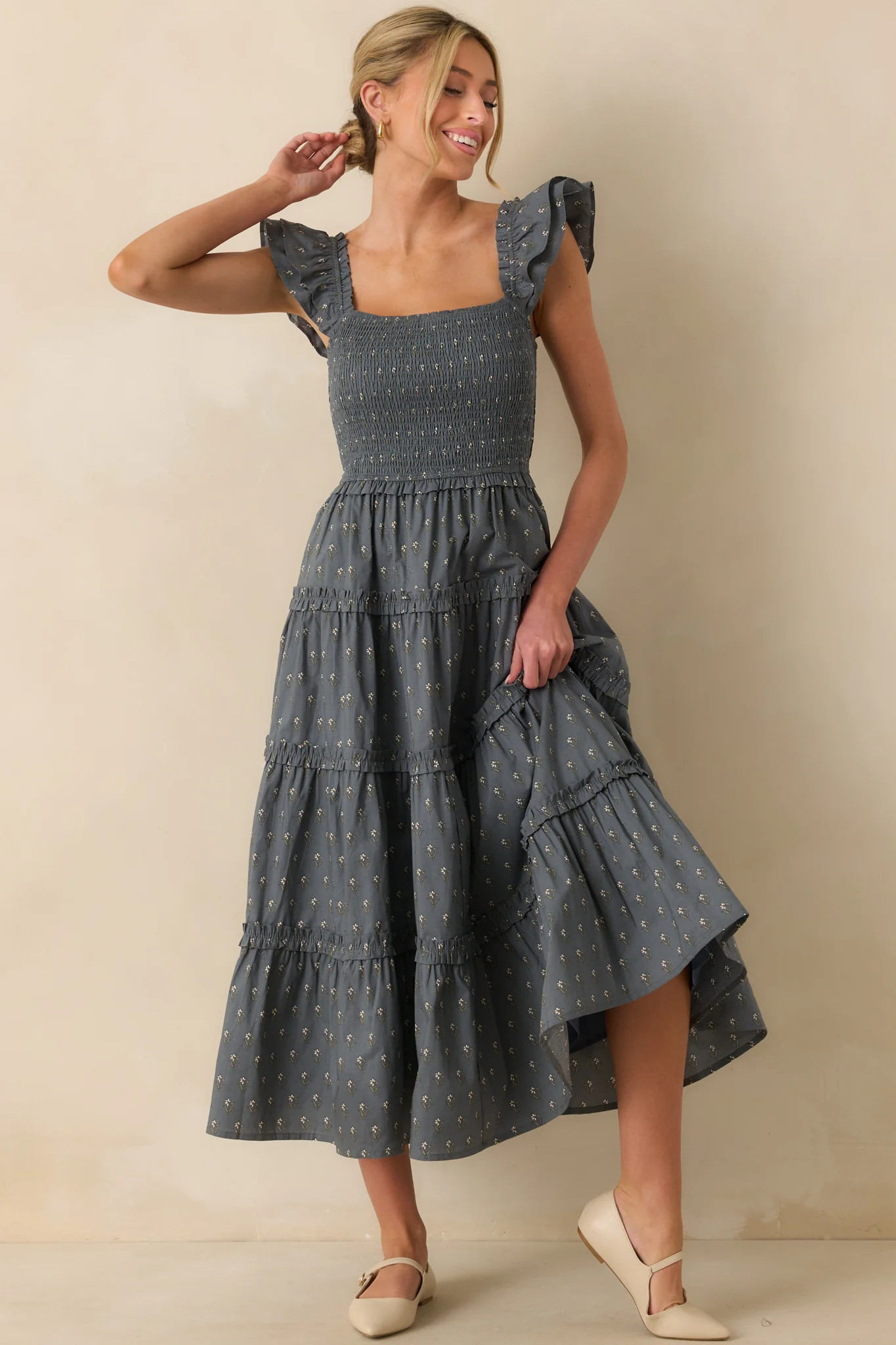 Wildflower Wish Slate Blue Multi Floral Print Cotton Midi Dress | Red Dress