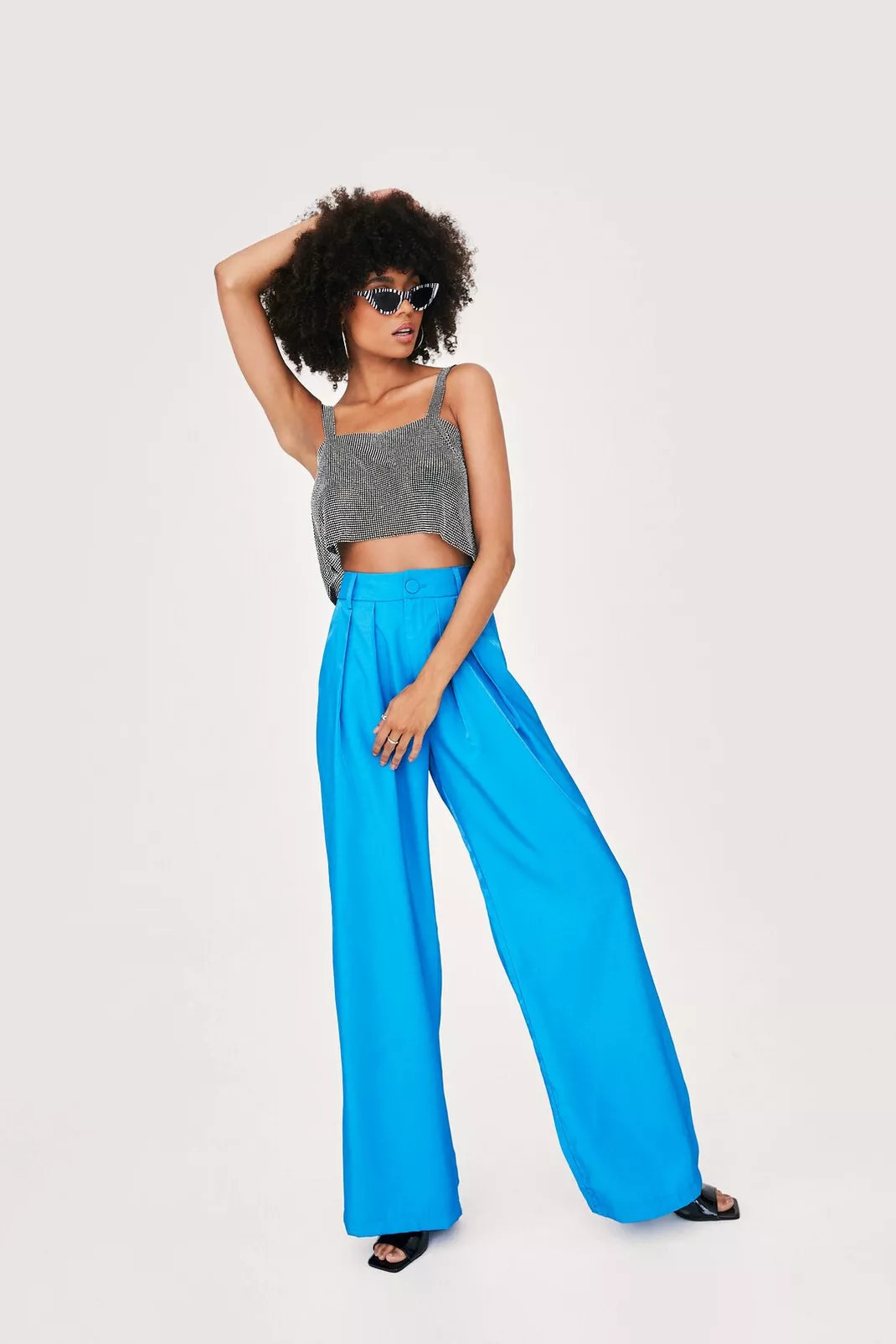 Satin Shimmer Pleat Detail Wide Leg Trousers | Nasty Gal (US)