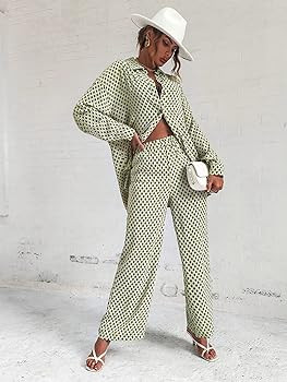 Floerns Women's 2 Piece Outfits Slit Hem Longline Blouse and Wide Leg Pants Set | Amazon (US)