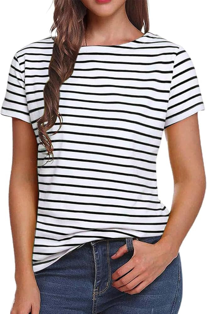 LilyCoco Women's Short Sleeve Striped Shirt Summer Crewneck T Shirt Basic Tops | Amazon (US)